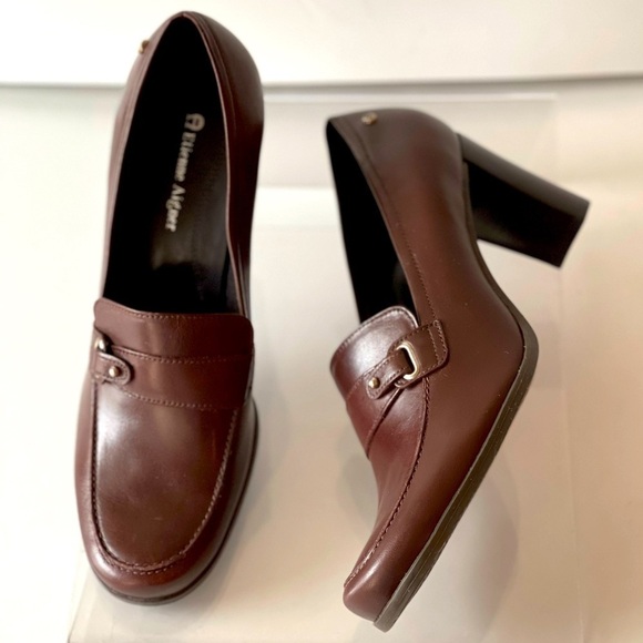 Etienne Aigner Brown Leather Platform Pumps Heels Chunky Block Heels E-Tartan, 8 - Picture 3 of 11